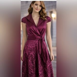 Adrianna Papell Dress Burgundy Floral Cap Sleeve 8